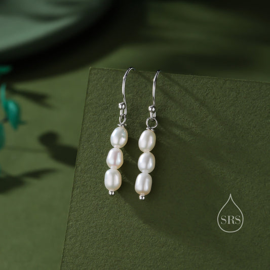 Oval Pearl Trio Drop Hook Earrings in Sterling Silver, Silver or Gold, Irregular Shape Pearl Drop Earrings, Natural Freshwater Pearls