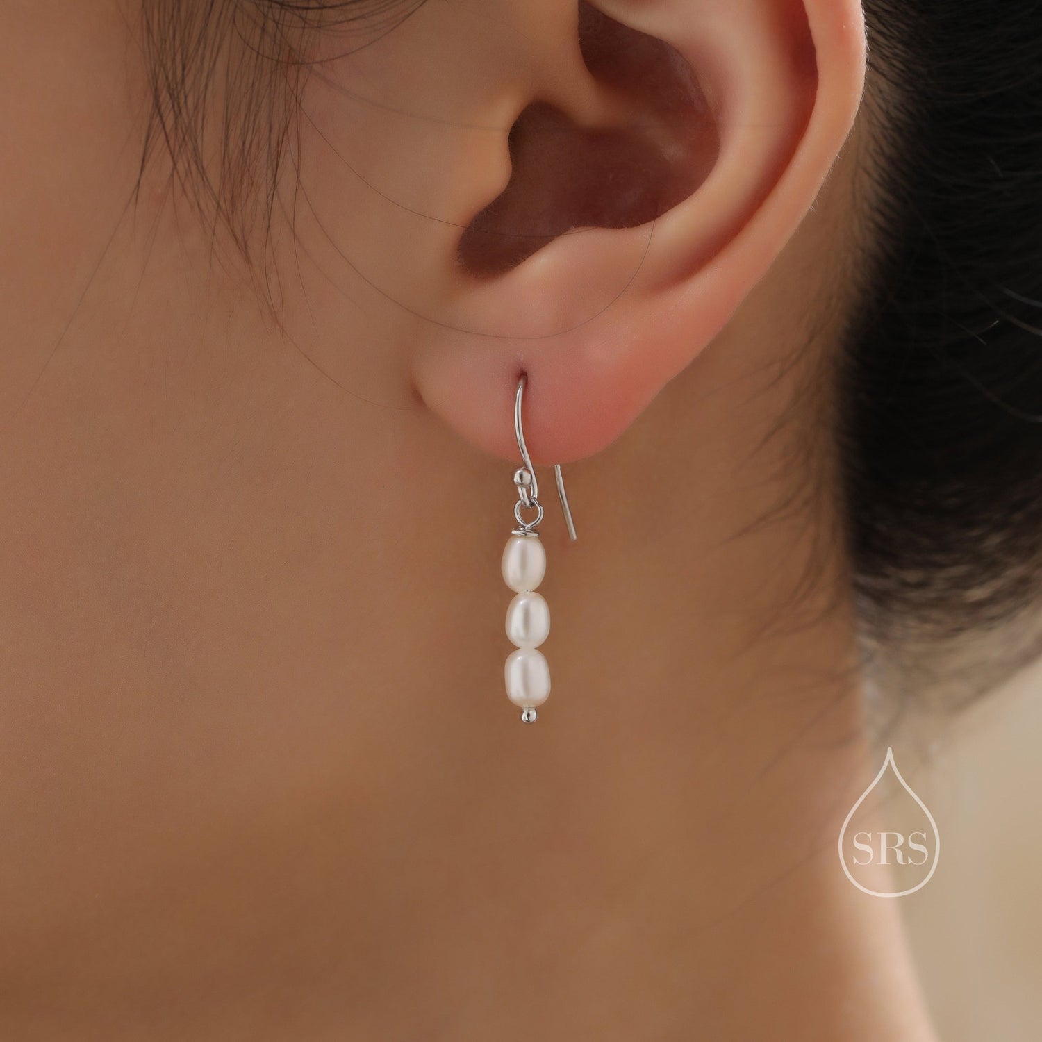 Oval Pearl Trio Drop Hook Earrings in Sterling Silver, Silver or Gold, Irregular Shape Pearl Drop Earrings, Natural Freshwater Pearls