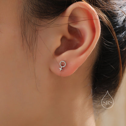 Mismatched Sterling Silver Female Symbol and She Stud Earrings, Silver, Gold or Rose Gold, Venus Earrings, Feminist Earrings
