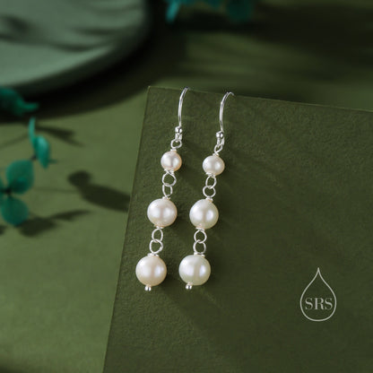Natural Pearl Trio Drop Hook Earrings in Sterling Silver, Silver or Gold, Irregular Shape Pearl Drop Earrings, Natural Freshwater Pearls