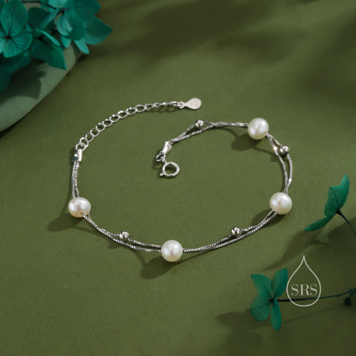 Sterling Silver Delicate Pearl and Silver Ball Beaded Bracelet, Double Layer, Silver or Gold, Real Freshwater Pearls, Natural Pearl Bracelet