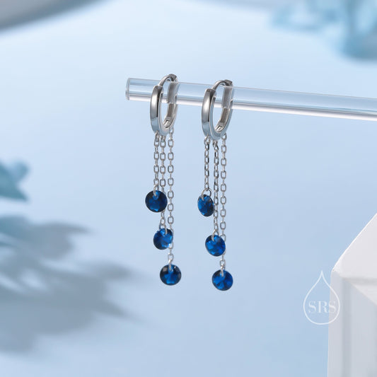 Sapphire Blue CZ Cascade Huggie Hoop Earrings in Sterling Silver, Silver or Gold, Geometric CZ Dangle Hoop Earrings, CZ Hoop Earrings