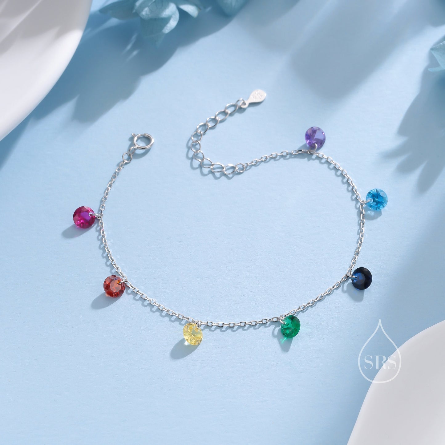 Rainbow Colour CZ Bracelet in Sterling Silver, Silver or Gold, Silver Dangle CZ Bracelet, CZ Cluster Bracelet, Crystal Charm Bracelet