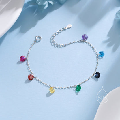 Rainbow Colour CZ Bracelet in Sterling Silver, Silver or Gold, Silver Dangle CZ Bracelet, CZ Cluster Bracelet, Crystal Charm Bracelet