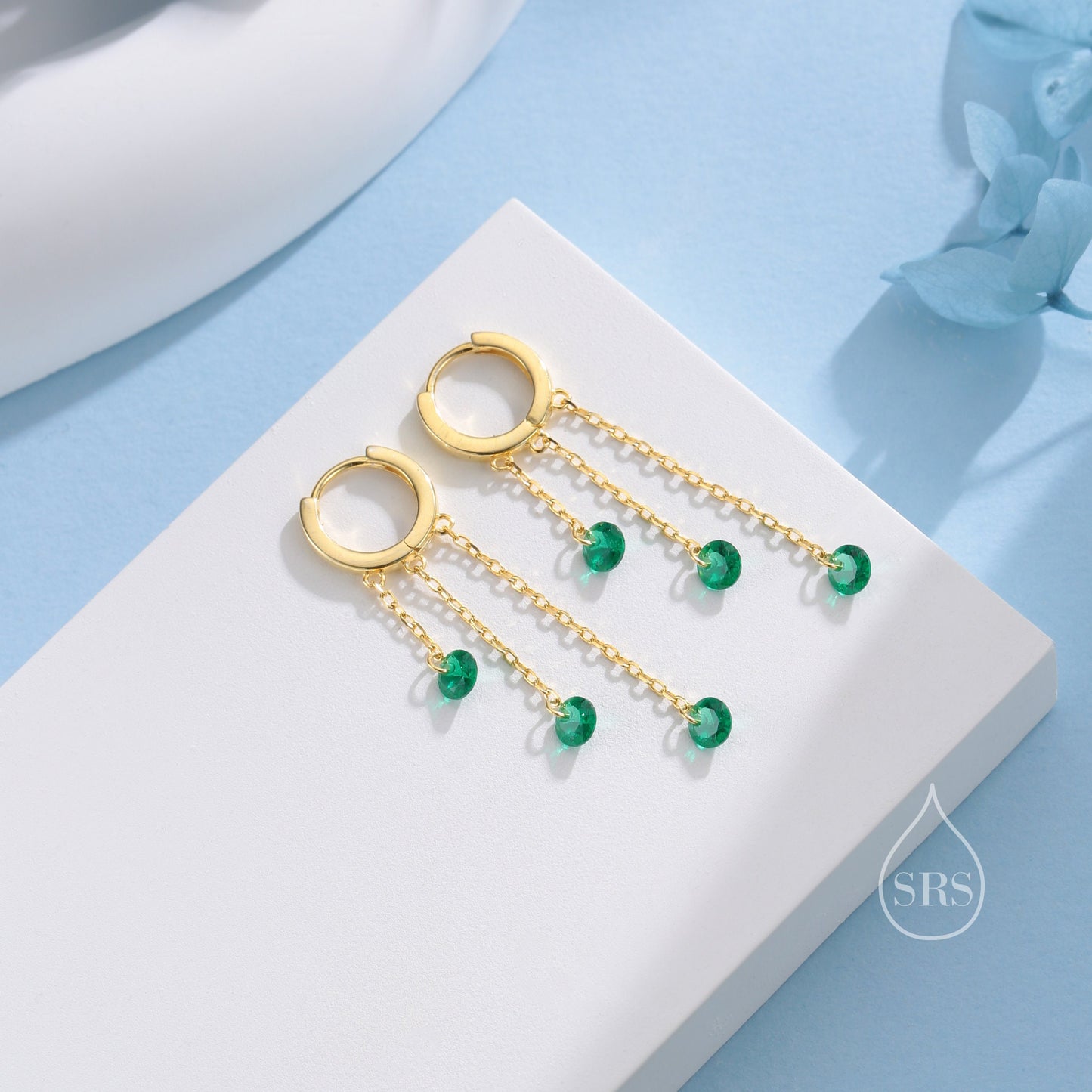 Emerald Green CZ Cascade Huggie Hoop Earrings in Sterling Silver, Silver or Gold, Geometric CZ Dangle Hoop Earrings, CZ Hoop Earrings