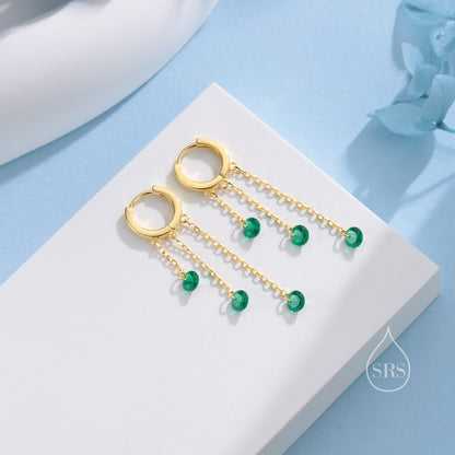 Emerald Green CZ Cascade Huggie Hoop Earrings in Sterling Silver, Silver or Gold, Geometric CZ Dangle Hoop Earrings, CZ Hoop Earrings