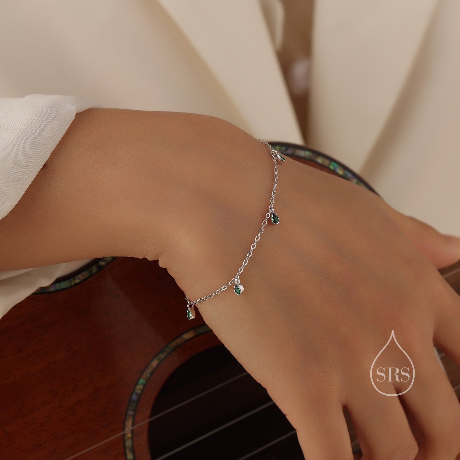 Emerald Green CZ Pear Cut Bezel Station Bracelet