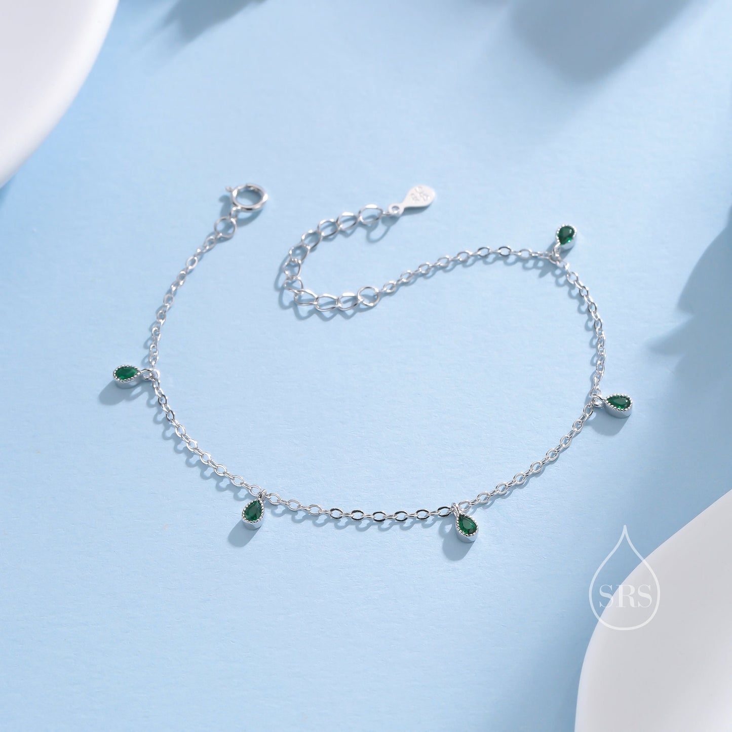 Emerald Green CZ Droplet Bracelet in Sterling Silver, Silver or Gold, Silver Blue CZ Pear Cut Bezel Bracelet, CZ Cluster Bracelet