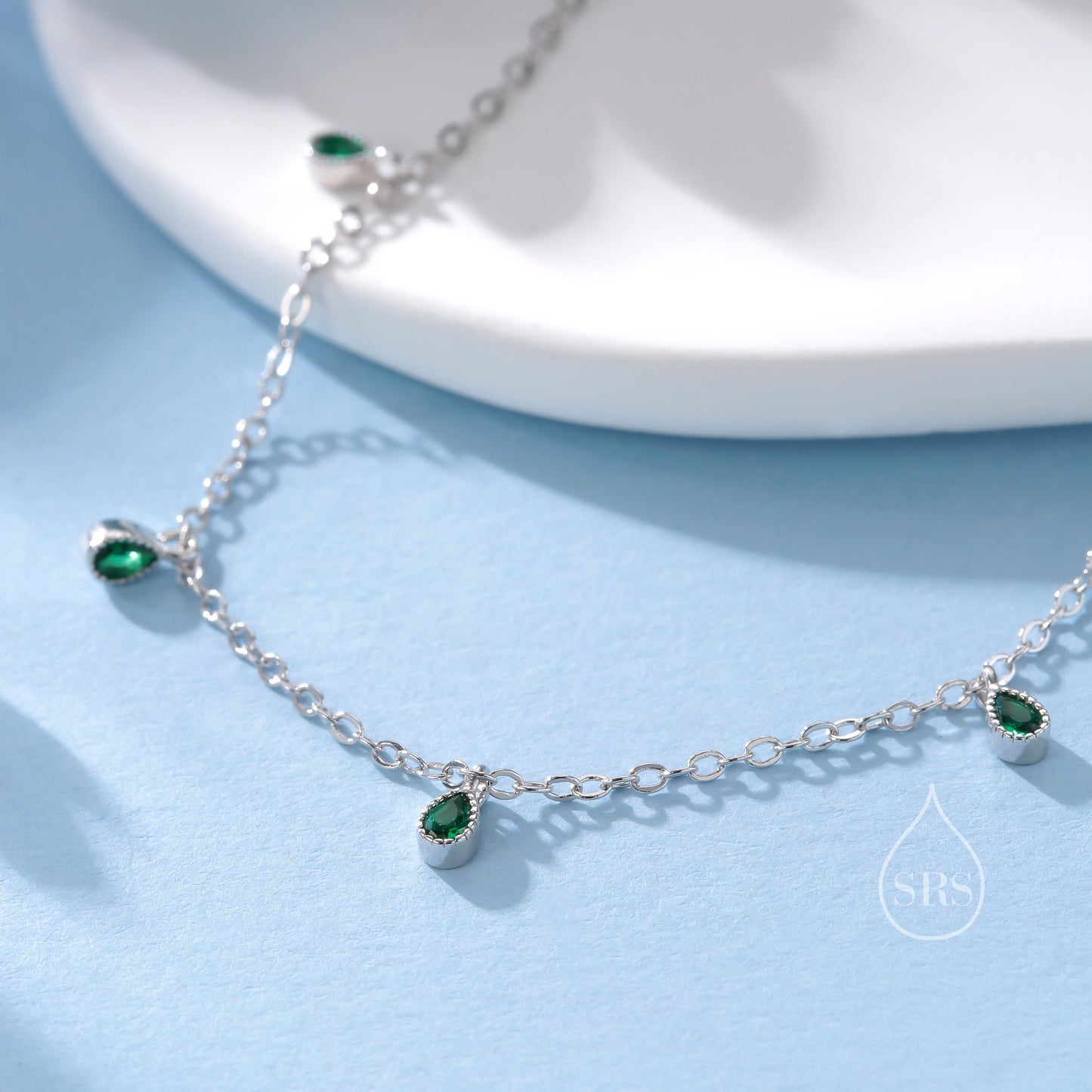 Emerald Green CZ Droplet Bracelet in Sterling Silver, Silver or Gold, Silver Blue CZ Pear Cut Bezel Bracelet, CZ Cluster Bracelet