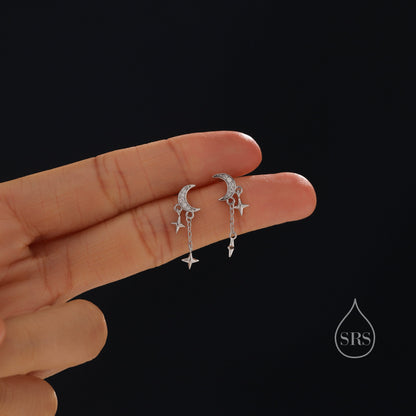 Moon and Dangling Star Stud Earrings in Sterling Silver, Moon and Star Earrings in Sterling Silver, Silver, Gold or Rose Gold