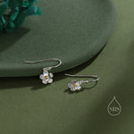 Tiny Forget Me Not Flower Drop Hook Earrings in Sterling Silver, Partial Gold, Flower hoop Earrings, Daisy Floral Earrings