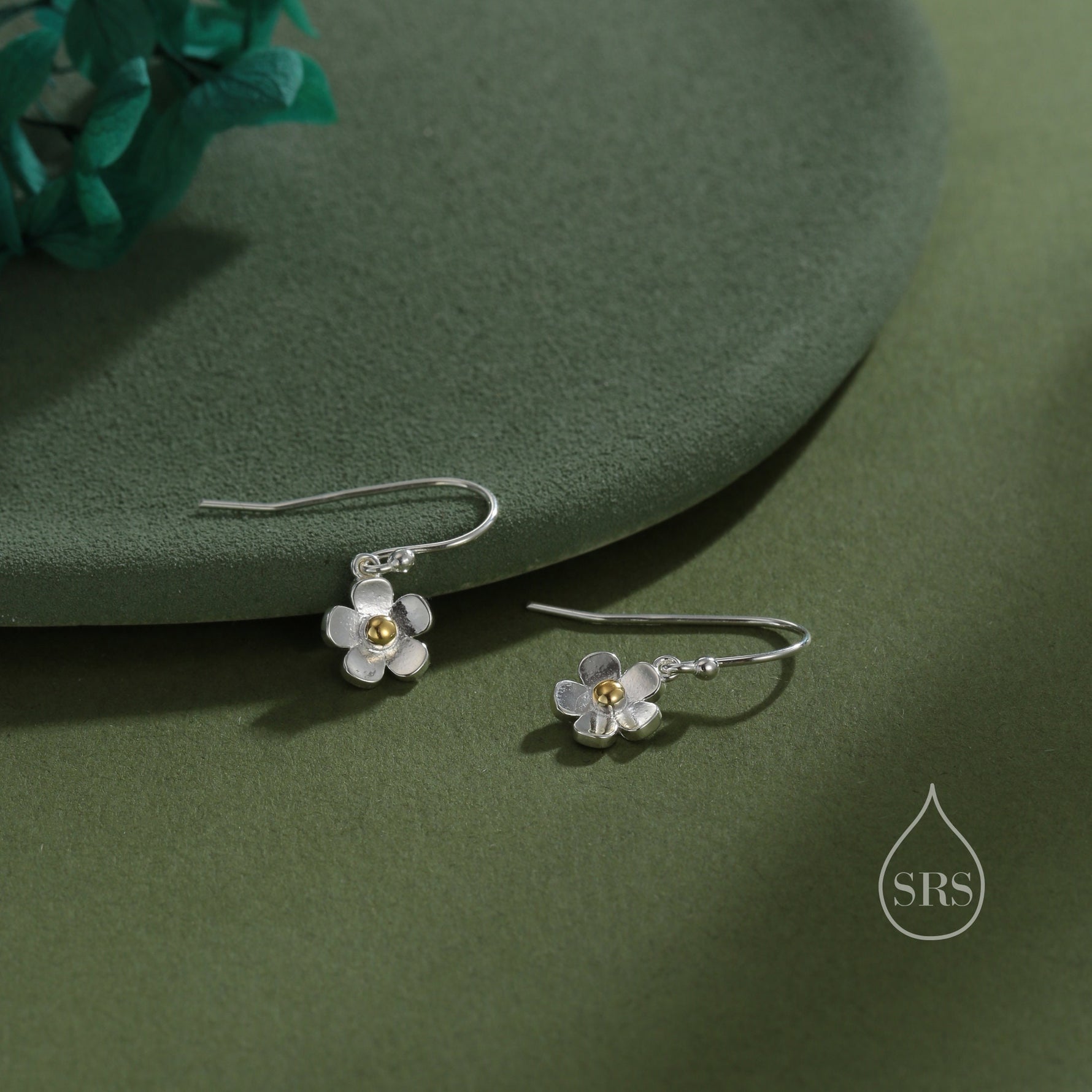 Tiny Forget Me Not Flower Drop Hook Earrings in Sterling Silver, Partial Gold, Flower hoop Earrings, Daisy Floral Earrings