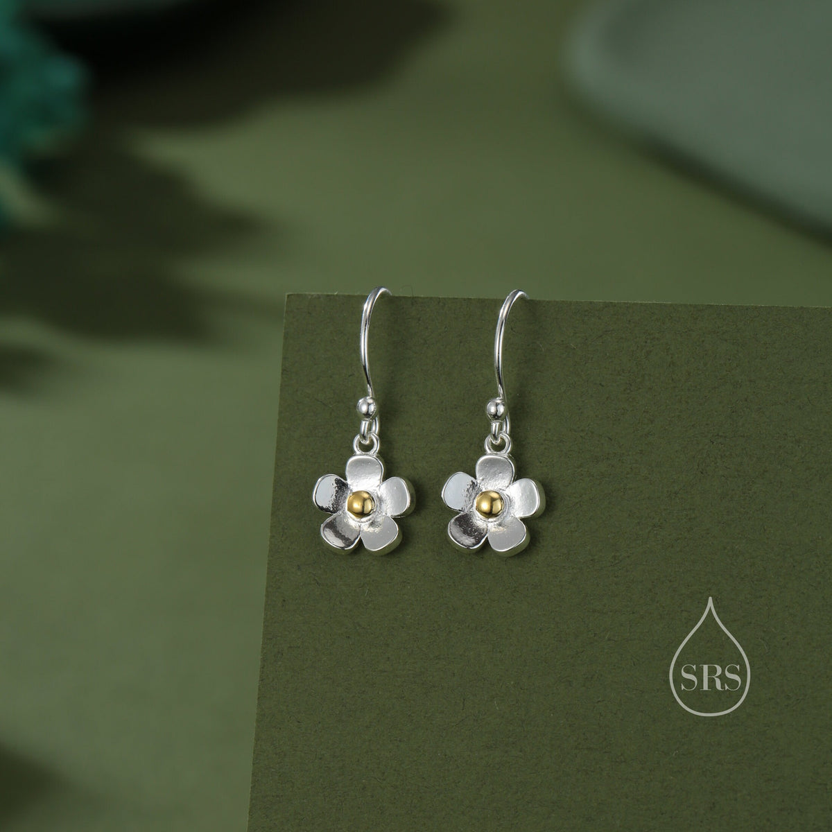 Tiny Forget Me Not Flower Drop Hook Earrings in Sterling Silver, Partial Gold, Flower hoop Earrings, Daisy Floral Earrings