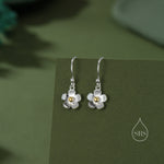 Tiny Forget Me Not Flower Drop Hook Earrings in Sterling Silver, Partial Gold, Flower hoop Earrings, Daisy Floral Earrings