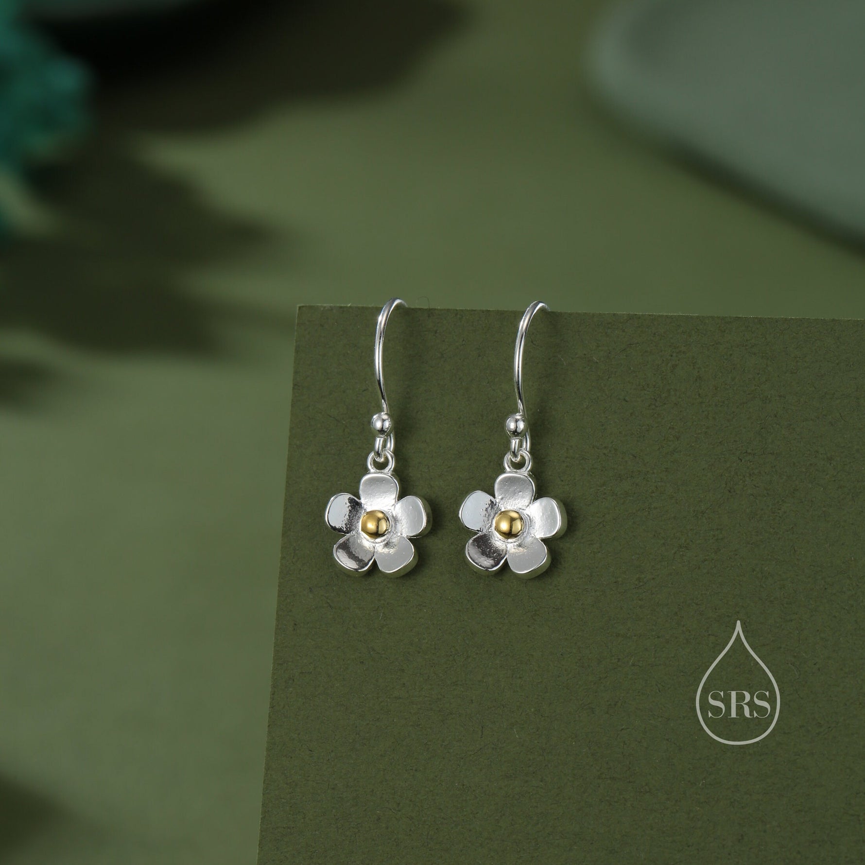 Tiny Forget Me Not Flower Drop Hook Earrings in Sterling Silver, Partial Gold, Flower hoop Earrings, Daisy Floral Earrings