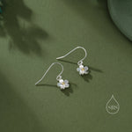 Tiny Forget Me Not Flower Drop Hook Earrings in Sterling Silver, Partial Gold, Flower hoop Earrings, Daisy Floral Earrings