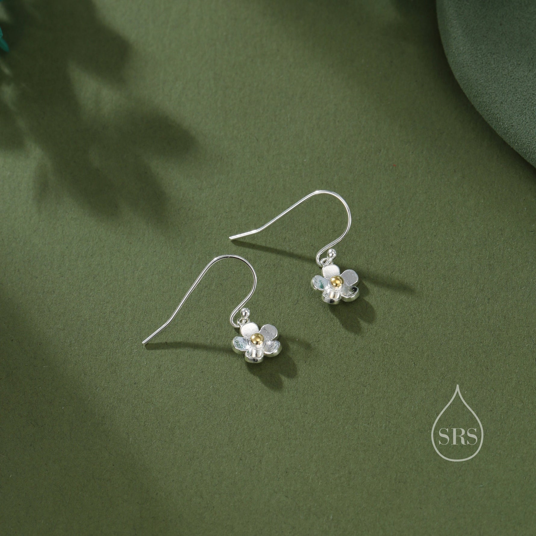 Tiny Forget Me Not Flower Drop Hook Earrings in Sterling Silver, Partial Gold, Flower hoop Earrings, Daisy Floral Earrings
