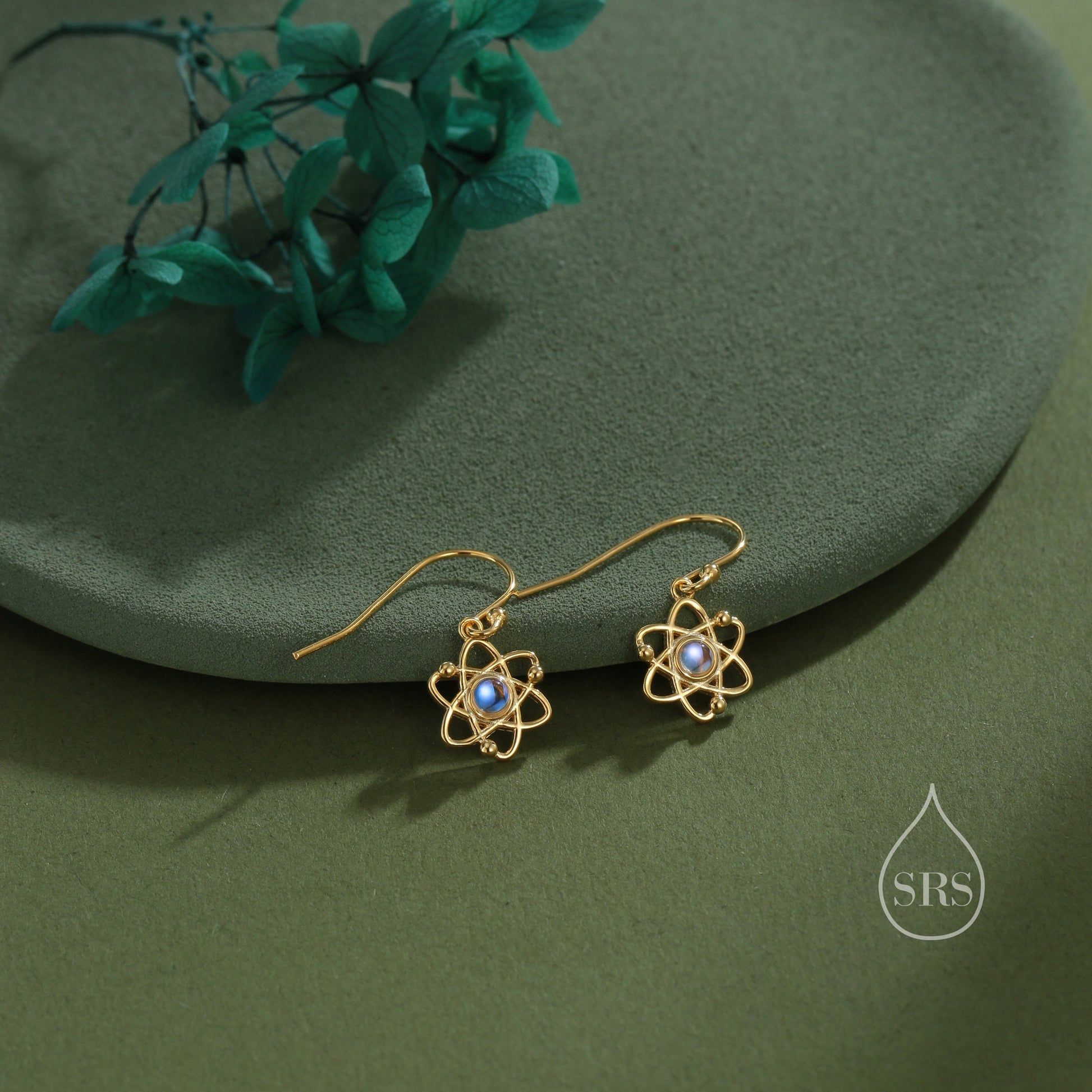 Atom Drop Hook Earrings in Sterling Silver with Simulated Moonstone, Silver or Gold or Rose Gold, Sterling Silver Atom Earrings
