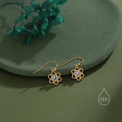 Atom Drop Hook Earrings in Sterling Silver with Simulated Moonstone, Silver or Gold or Rose Gold, Sterling Silver Atom Earrings