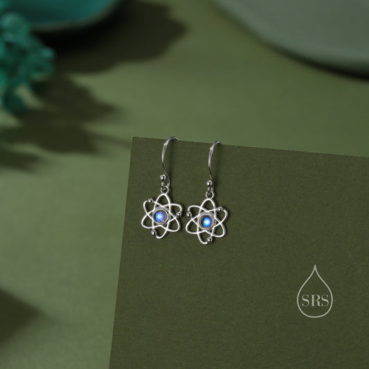 Atom Drop Hook Earrings in Sterling Silver with Simulated Moonstone, Silver or Gold or Rose Gold, Sterling Silver Atom Earrings