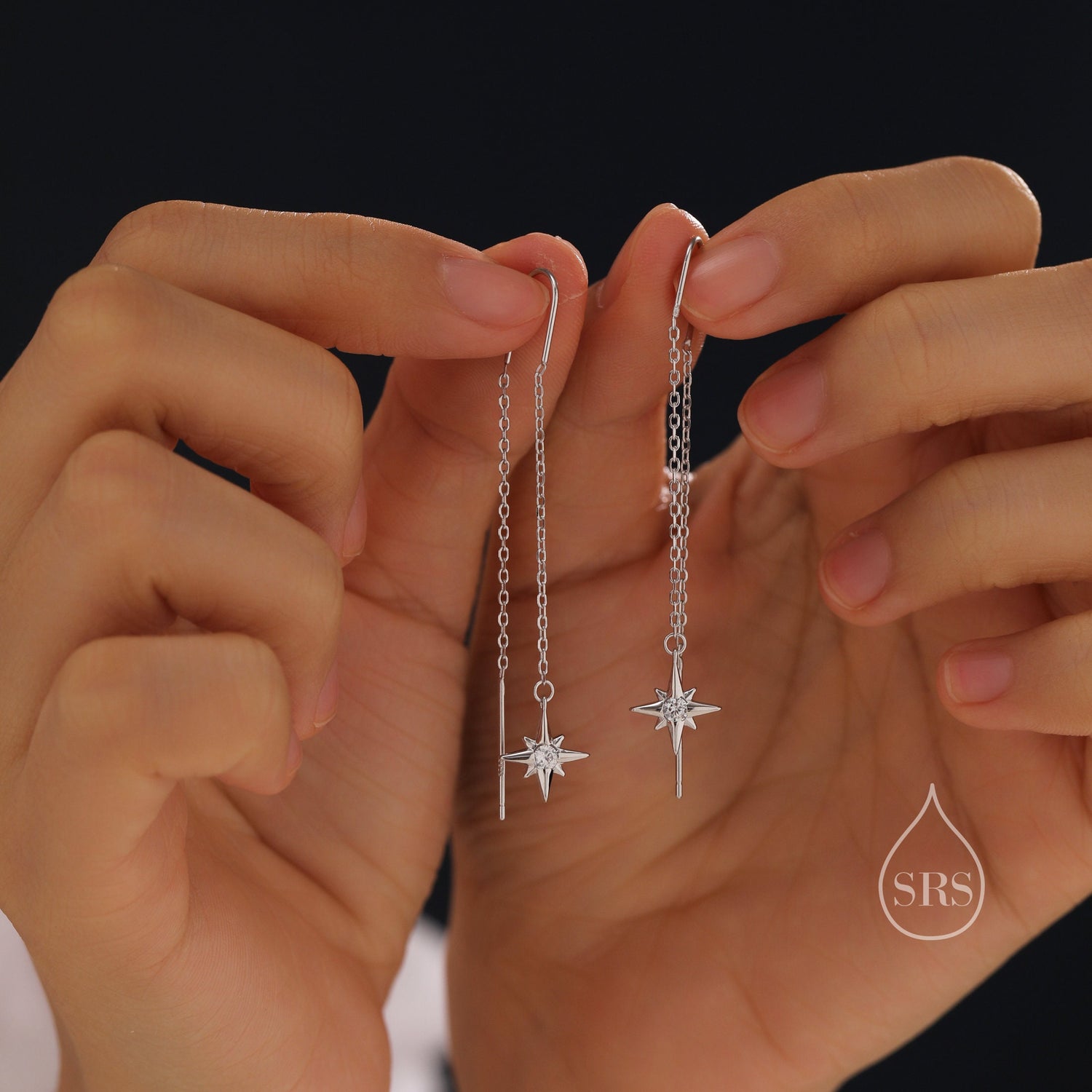 CZ Starburst U Shape Threader Earrings in Sterling Silver, Silver or Gold or rose gold, Star Ear Threaders, Star Earrings