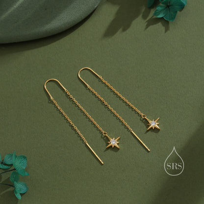 CZ Starburst U Shape Threader Earrings in Sterling Silver, Silver or Gold or rose gold, Star Ear Threaders, Star Earrings