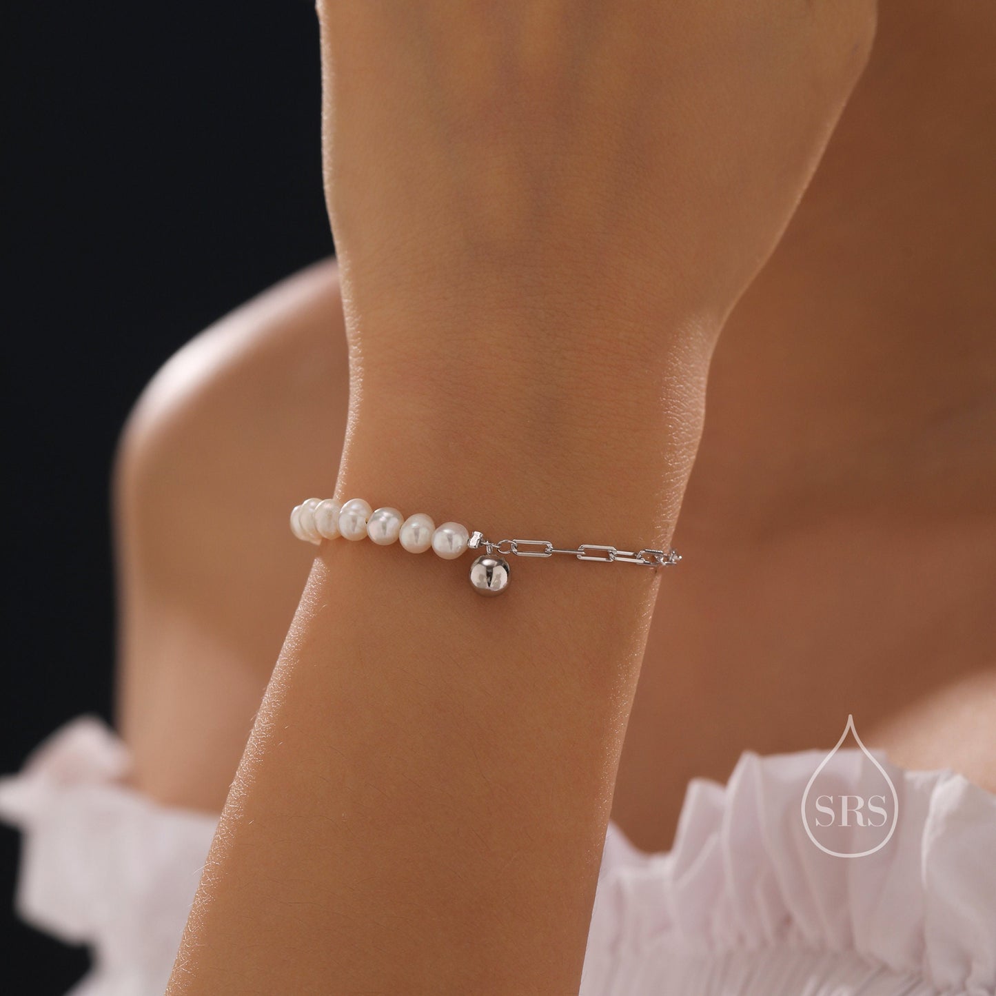 Sterling Silver Pearl and Paperclip Beaded Bracelet, Silver or Gold, Genuine Freshwater Pearls, Natural Pearl Bracelet, Ivory Pearls