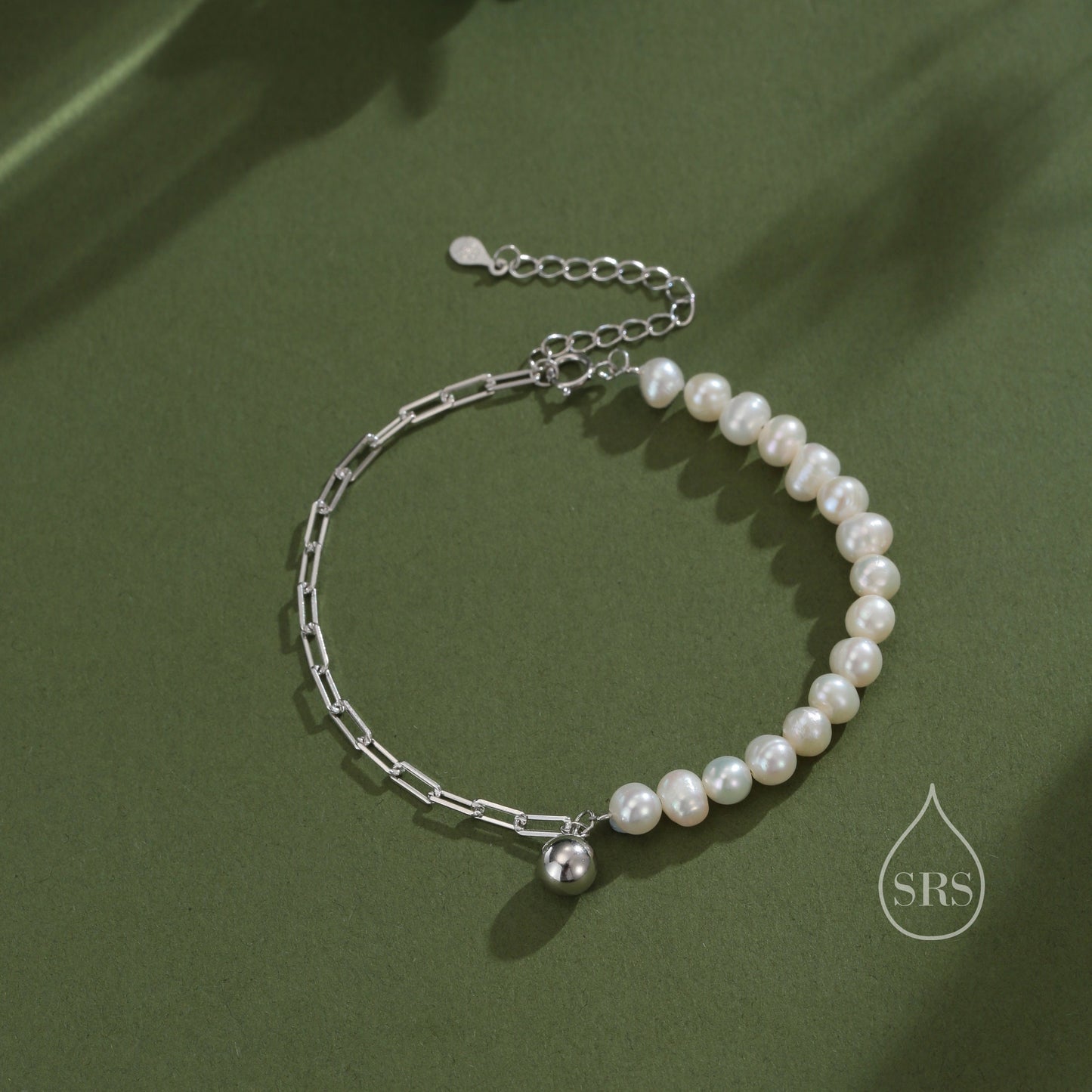 Sterling Silver Pearl and Paperclip Beaded Bracelet, Silver or Gold, Genuine Freshwater Pearls, Natural Pearl Bracelet, Ivory Pearls