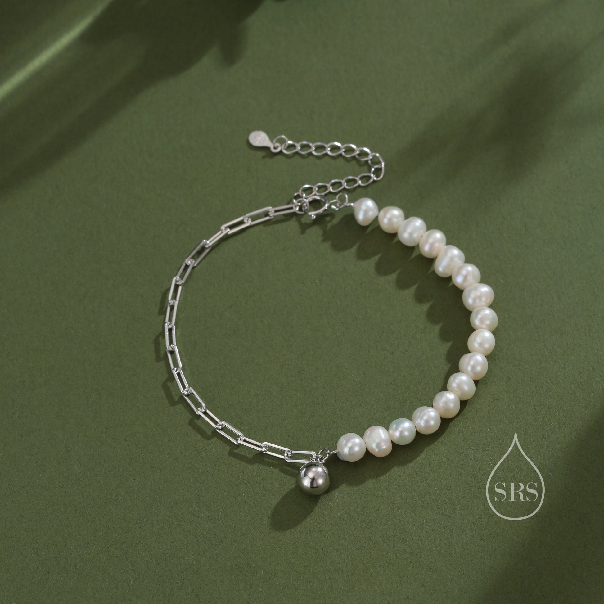 Sterling Silver Pearl and Paperclip Beaded Bracelet, Silver or Gold, Genuine Freshwater Pearls, Natural Pearl Bracelet, Ivory Pearls