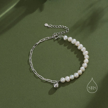 Sterling Silver Pearl and Paperclip Beaded Bracelet, Silver or Gold, Genuine Freshwater Pearls, Natural Pearl Bracelet, Ivory Pearls