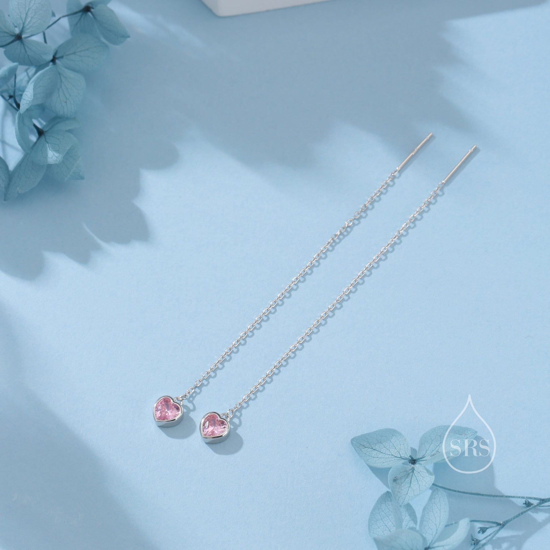Tiny Pink CZ Heart Threader Earrings in Sterling Silver, 9cm, Silver or Gold, Dainty Heart Ear Threaders, Delicate Heart Threaders