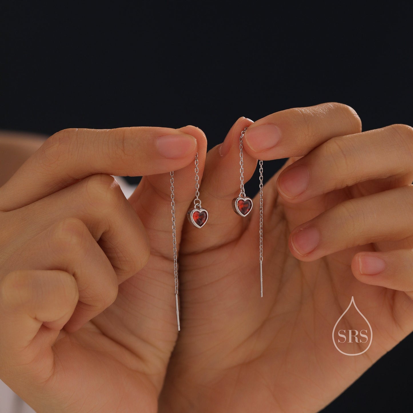 Tiny Garnet Red CZ Heart Threader Earrings in Sterling Silver, 9cm, Silver or Gold, Dainty Heart Ear Threaders, Delicate Heart Threaders