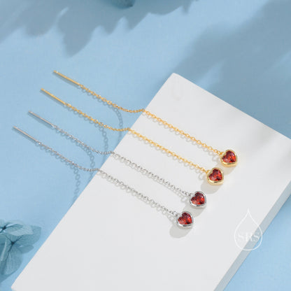 Tiny Garnet Red CZ Heart Threader Earrings in Sterling Silver, 9cm, Silver or Gold, Dainty Heart Ear Threaders, Delicate Heart Threaders