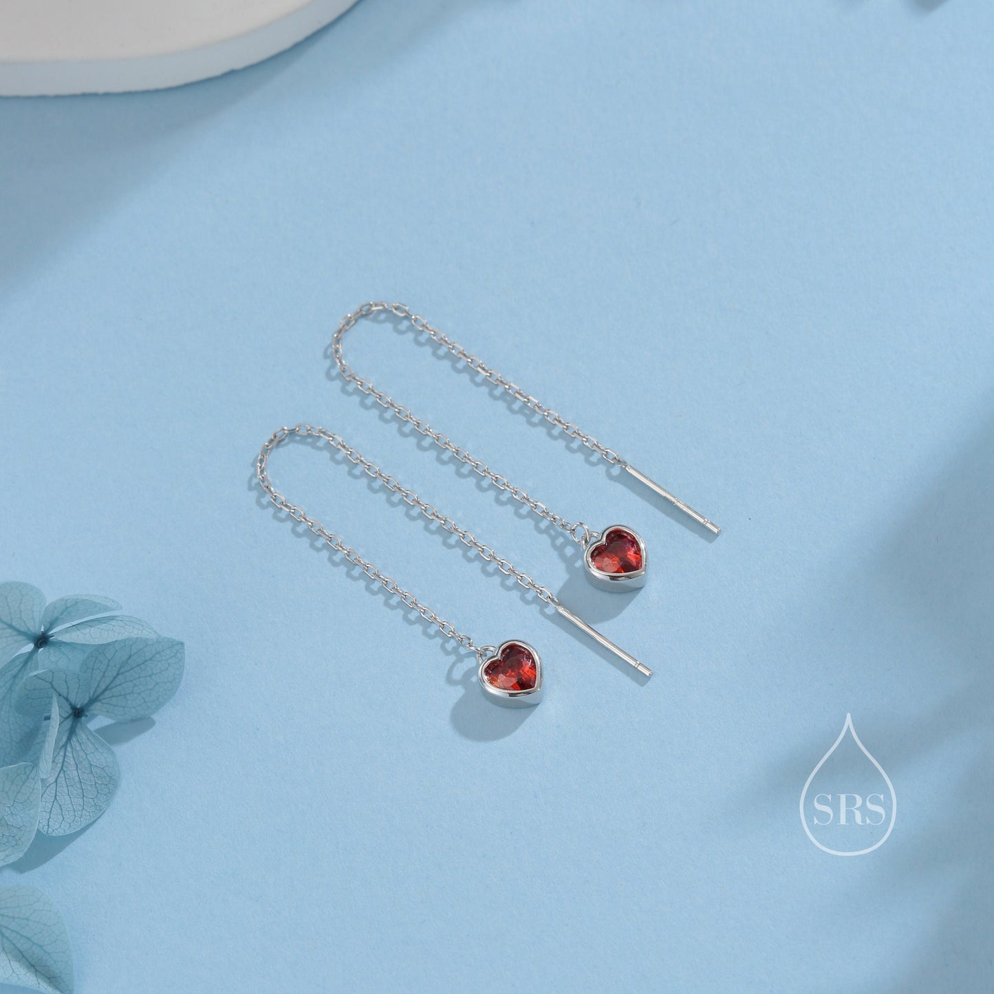 Tiny Garnet Red CZ Heart Threader Earrings in Sterling Silver, 9cm, Silver or Gold, Dainty Heart Ear Threaders, Delicate Heart Threaders