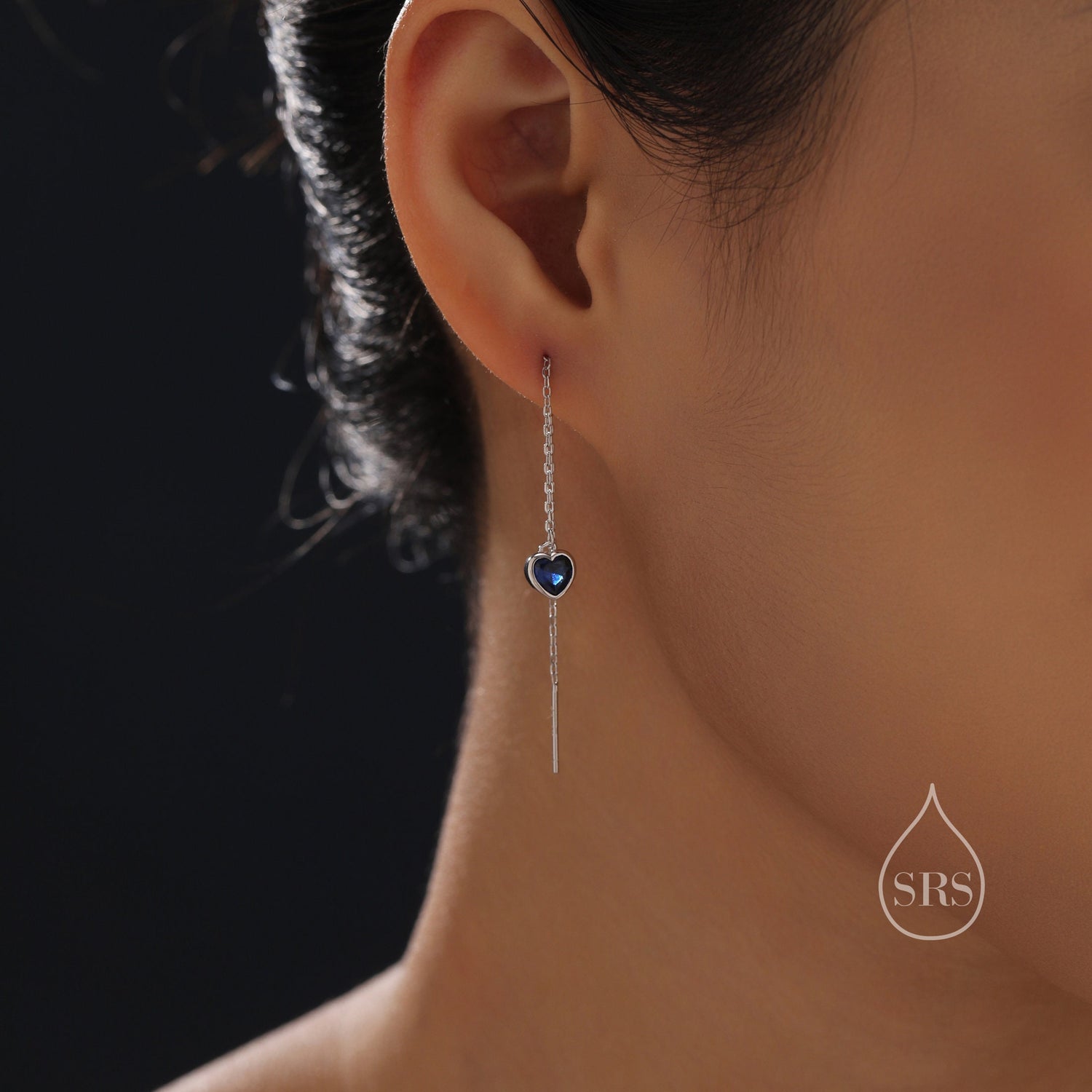 Tiny Sapphire Blue CZ Heart Threader Earrings in Sterling Silver, 9cm, Silver or Gold, Dainty Heart Ear Threaders, Delicate Heart Threaders