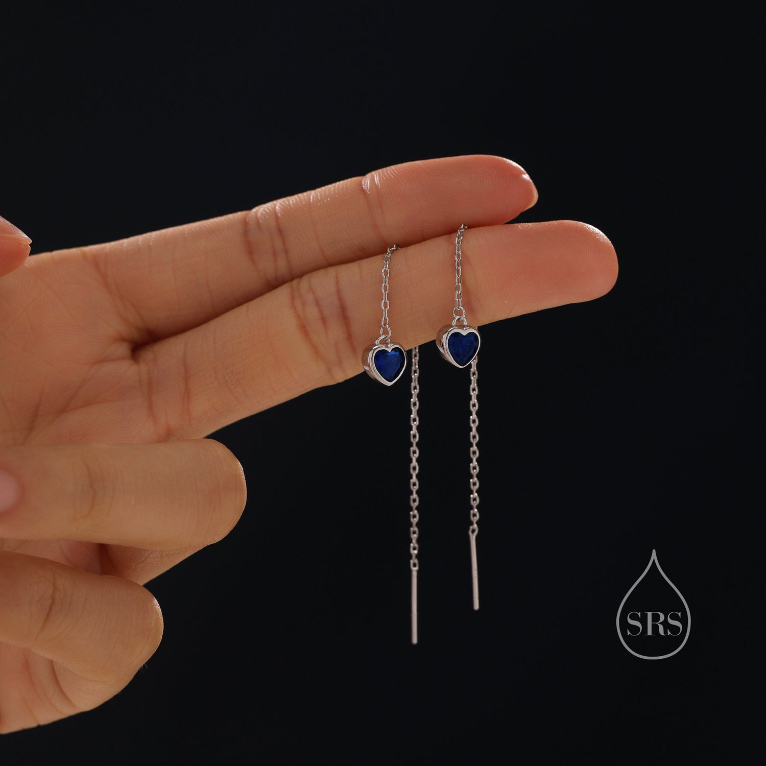 Tiny Sapphire Blue CZ Heart Threader Earrings in Sterling Silver, 9cm, Silver or Gold, Dainty Heart Ear Threaders, Delicate Heart Threaders