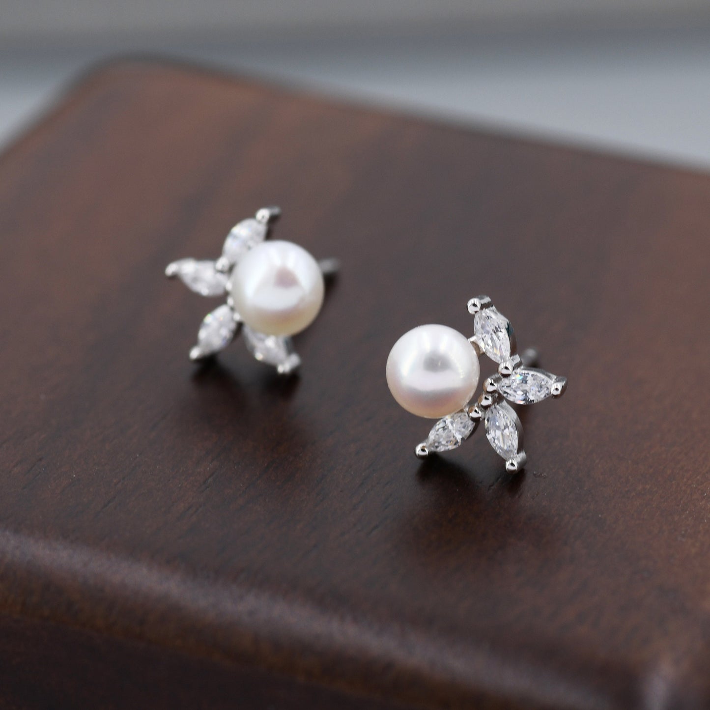 Genuine Freshwater Pearl with Marquise CZ Stud Earrings in Sterling Silver, Delicate Tiny Pearl and CZ Earrings, Genuine Pearls.