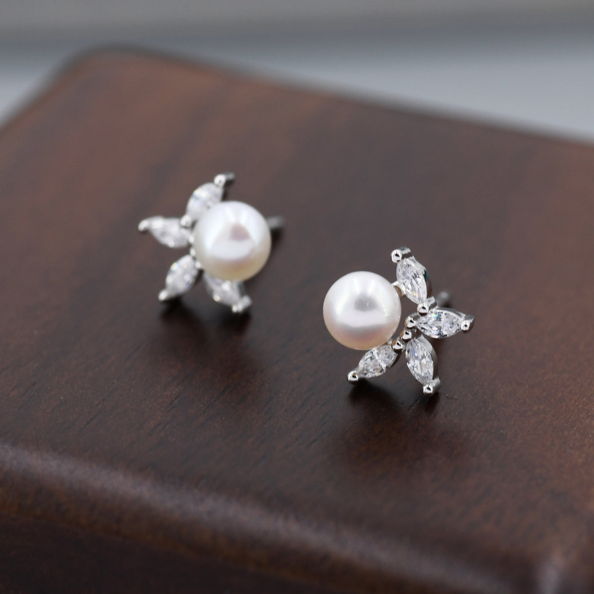 Genuine Freshwater Pearl with Marquise CZ Stud Earrings in Sterling Silver, Available in Three Pearl Colours, Delicate Pearl and CZ Earrings