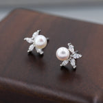 Genuine Freshwater Pearl with Marquise CZ Stud Earrings in Sterling Silver, Available in Three Pearl Colours, Delicate Pearl and CZ Earrings