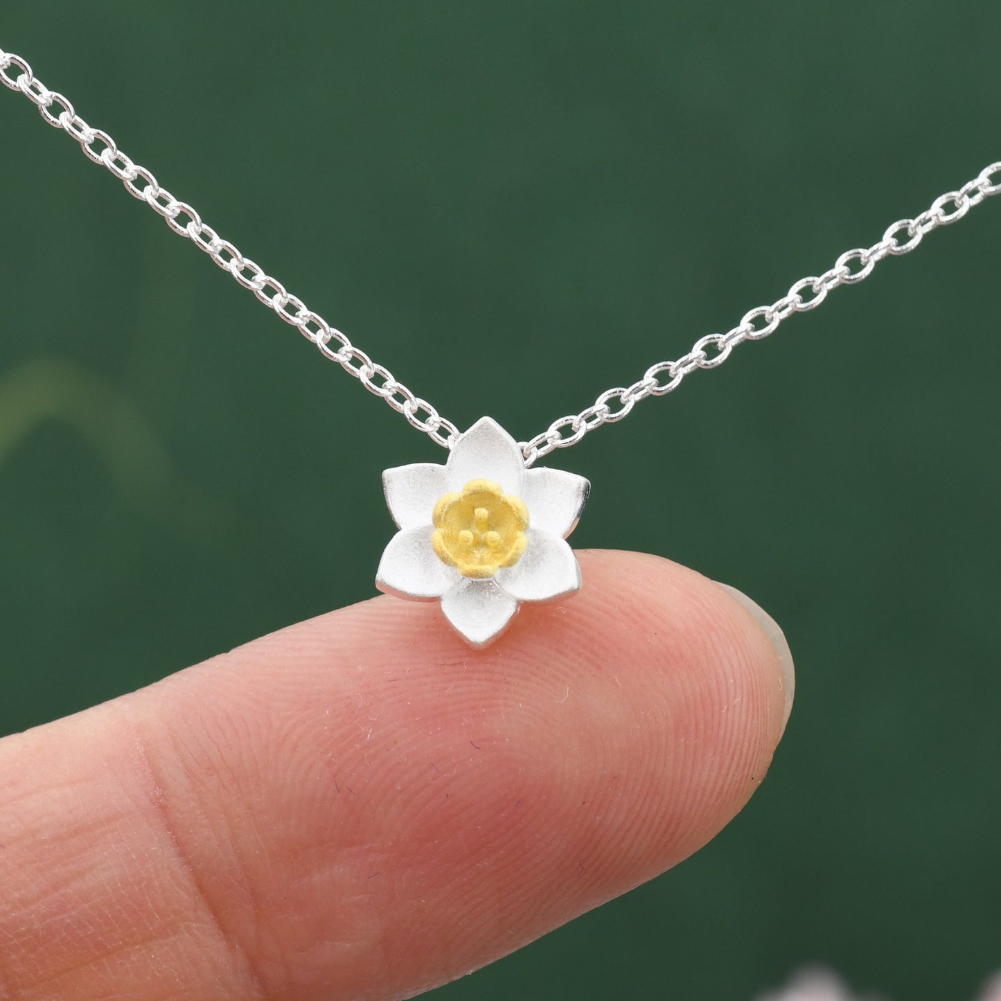 Sterling Silver Tiny Little Daffodil Flower Blossom Pendant Necklace with 18ct Gold Plating - Cute and Whimsical Jewellery