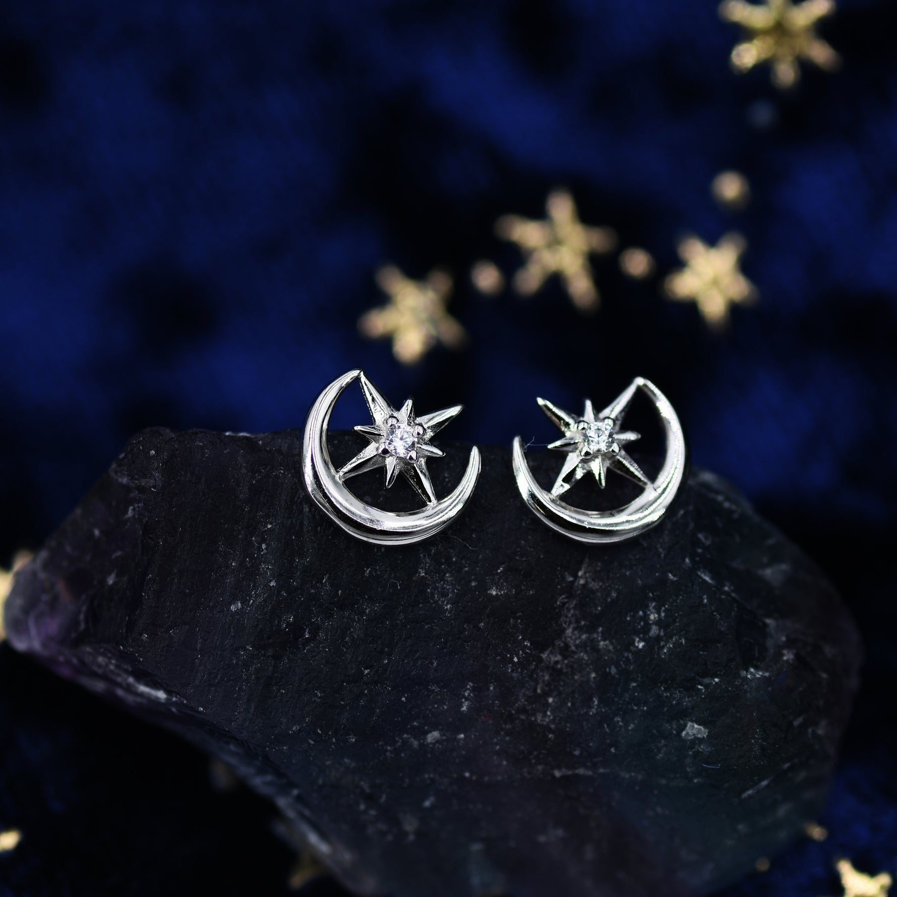 Delicate Moon and Star Stud Earrings in Sterling Silver, Silver, Gold or Rose Gold, Small Moon Earrings, Celestial Jewellery