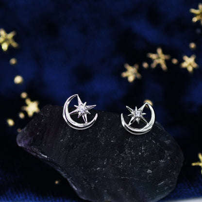 Delicate Moon and Star Stud Earrings in Sterling Silver, Silver, Gold or Rose Gold, Small Moon Earrings, Celestial Jewellery