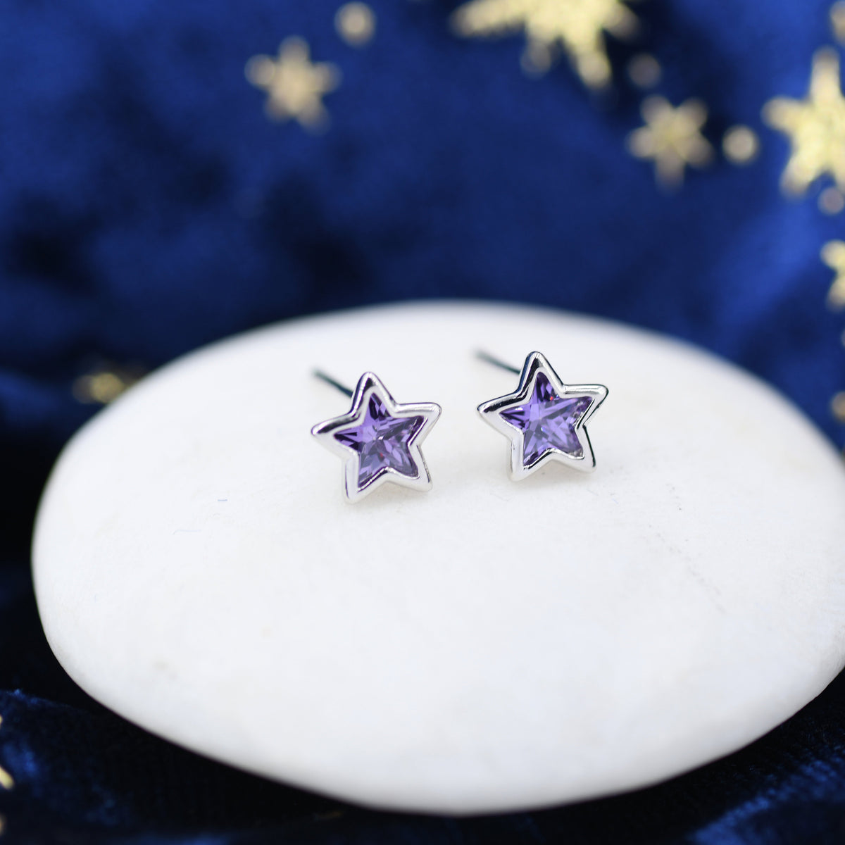 Amethyst Purple CZ Star Stud Earrings in Sterling Silver, Silver or Gold, Sparkly Crystal Star Earrings, Stacking Earrings
