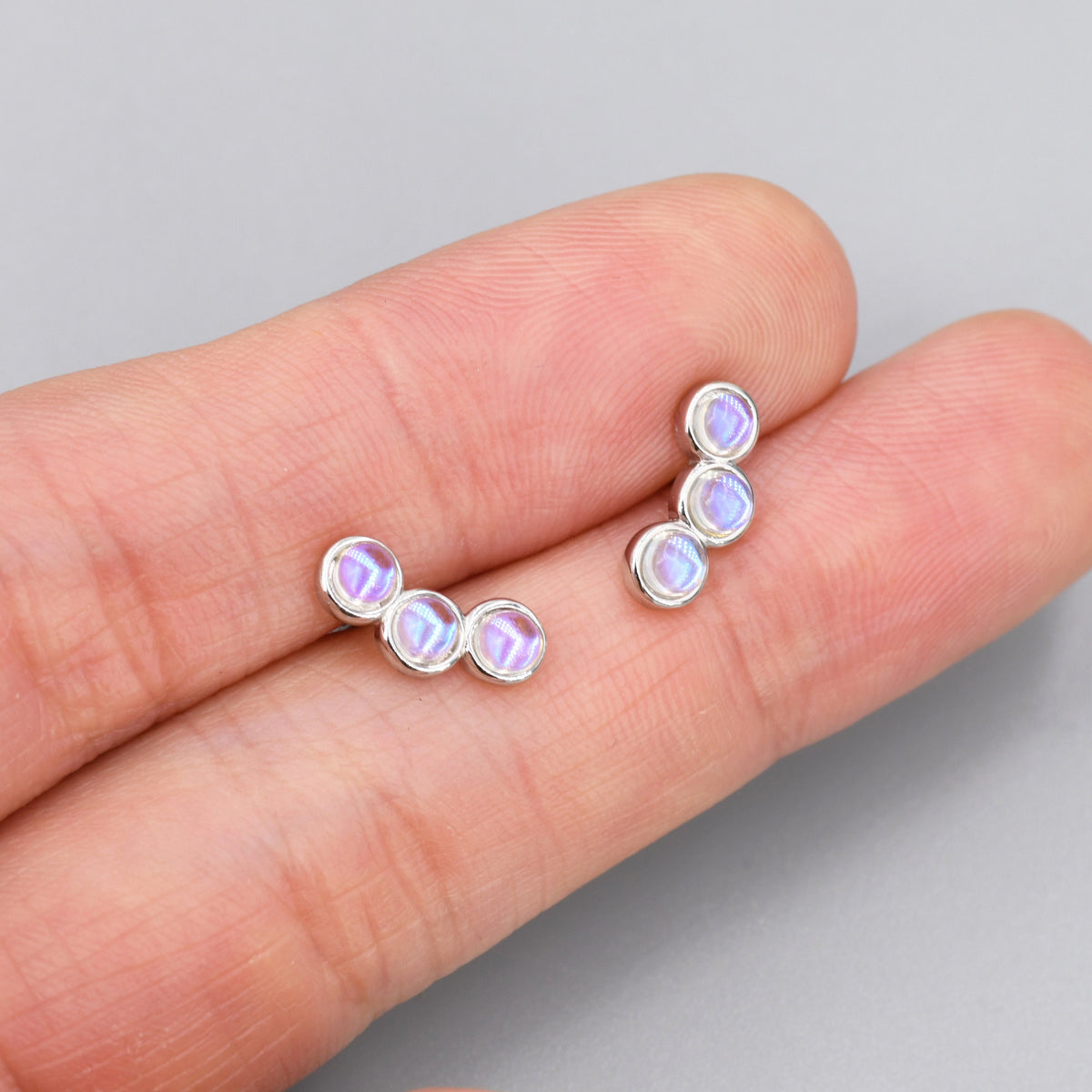 Sterling Silver Moonstone Trio Stud Earrings, Three Moonstone Earrings, Mermaid Colour Earrings, Simulated Moonstone Glass Earrings
