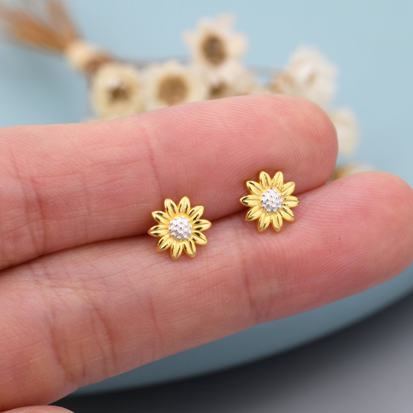Little Sunflower Flower Stud Earrings in Sterling Silver - Flower Earrings - Cute Flower Blossom Daisy Earrings - Fun, Whimsical