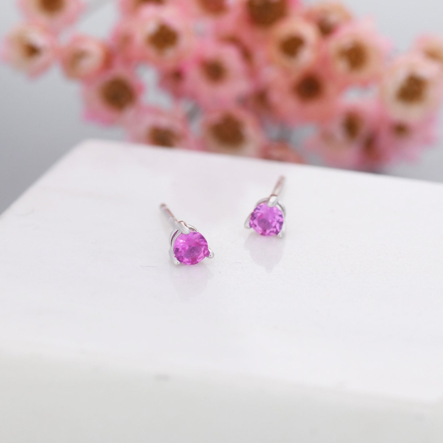 Ruby Pink CZ Tiny Stud Earrings in Sterling Silver, Silver or Gold, 3mm, Three Prong, Pink Stacking Earrings, July Birthstone