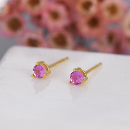 Ruby Pink CZ Tiny Stud Earrings in Sterling Silver, Silver or Gold, 3mm, Three Prong, Pink Stacking Earrings, July Birthstone