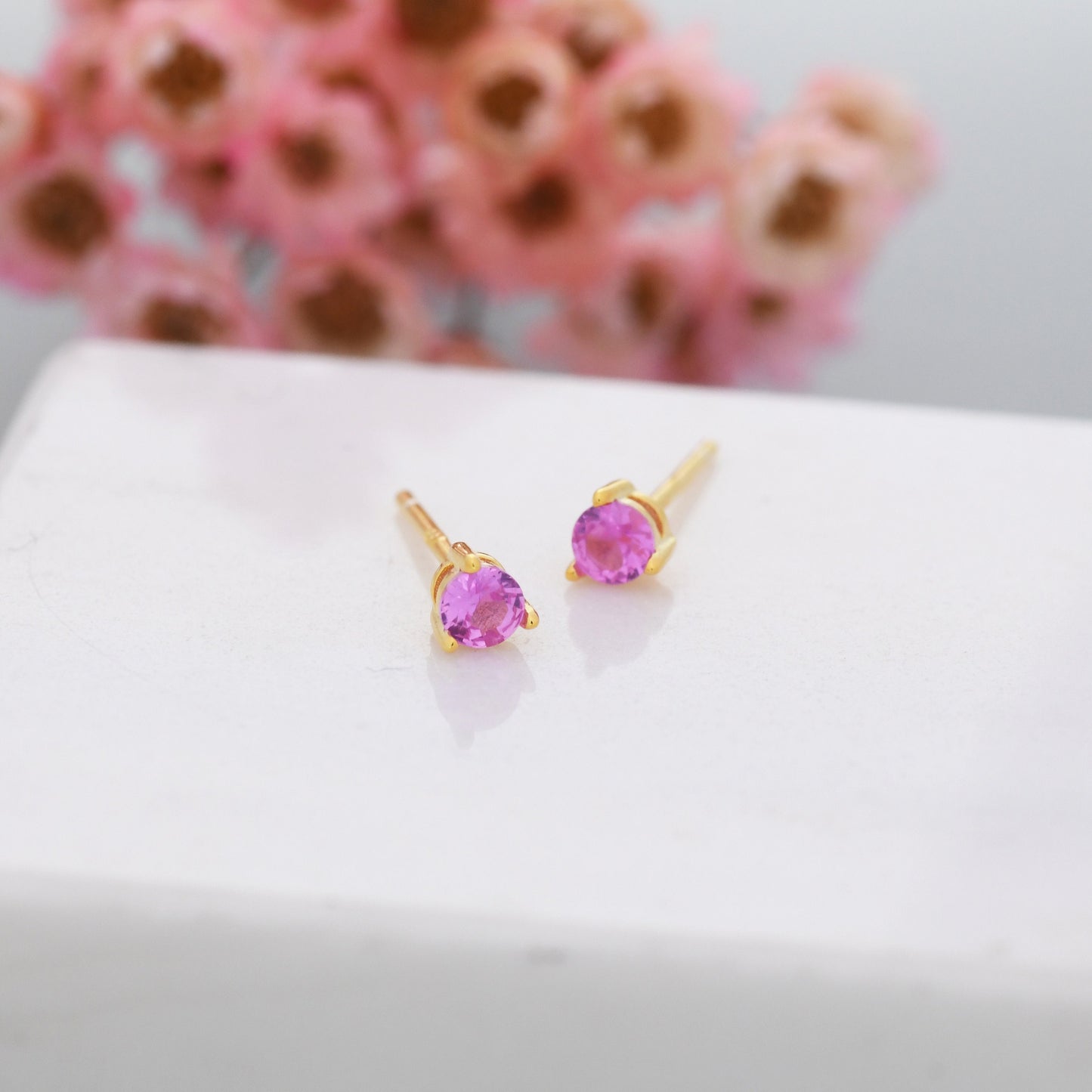 Ruby Pink CZ Tiny Stud Earrings in Sterling Silver, Silver or Gold, 3mm, Three Prong, Pink Stacking Earrings, July Birthstone