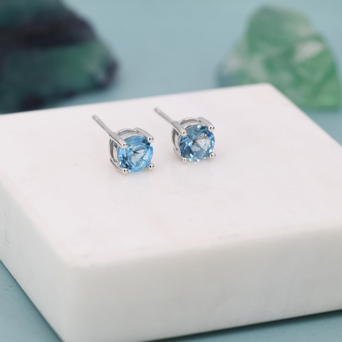 Sterling Silver Natural Topaz Stud Earrings, 5mm Prong Set, Genuine Blue Topaz Gemstone Stud, Minimalist Style,