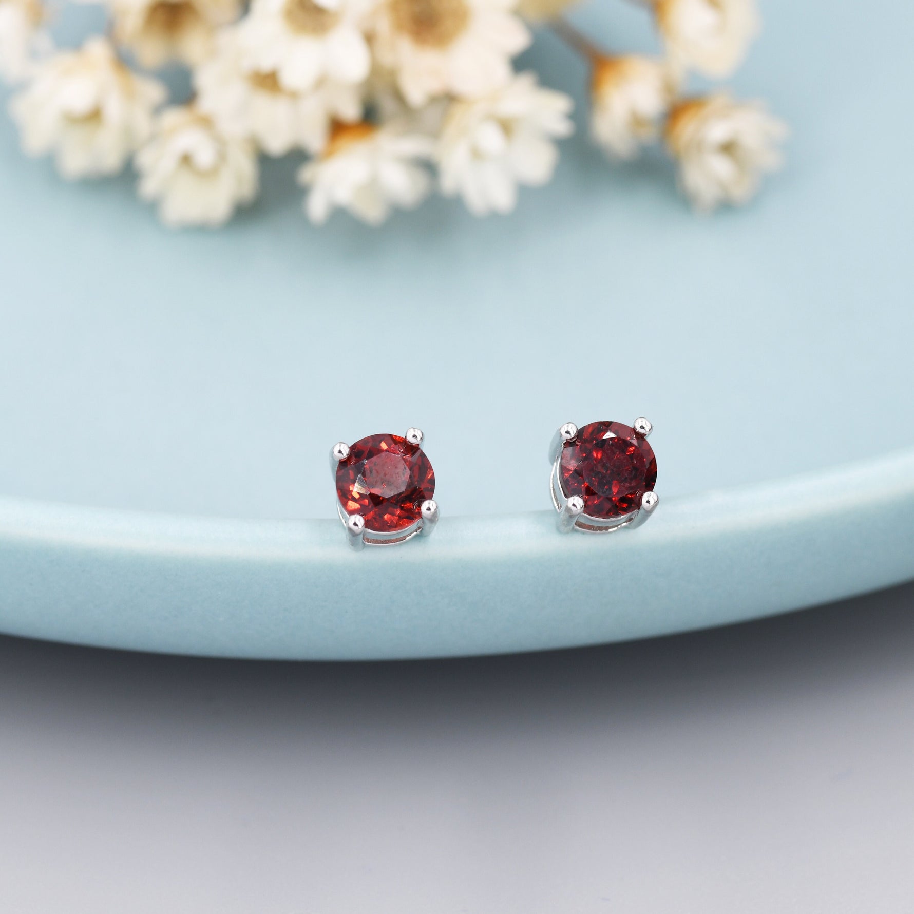 Sterling Silver Natural Garnet Stud Earrings, 5mm Prong Set, Genuine Garnet Gemstone Stud, Minimalist Style, January Birthstone